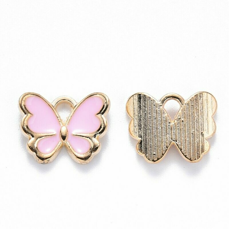 Enamel & Light Gold Butterfly Charm in Pink, 10x13mm