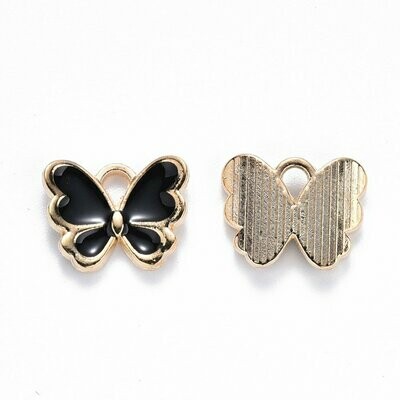 Enamel & Light Gold Butterfly Charm in Black, 10x13mm