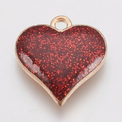 Enamel & Light Gold Heart Charm/Pendant, Red Glitter, 17x15mm