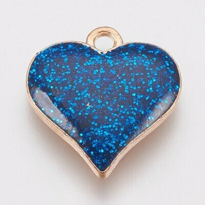 Enamel & Light Gold Heart Charm/Pendant, Blue Glitter, 17x15mm