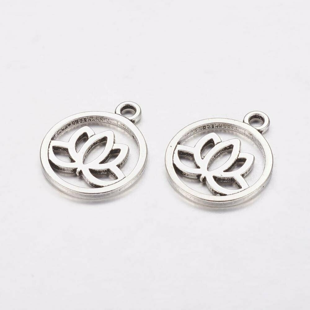 Antique Silver Lotus Flower Charm/Pendant, 24x20mm