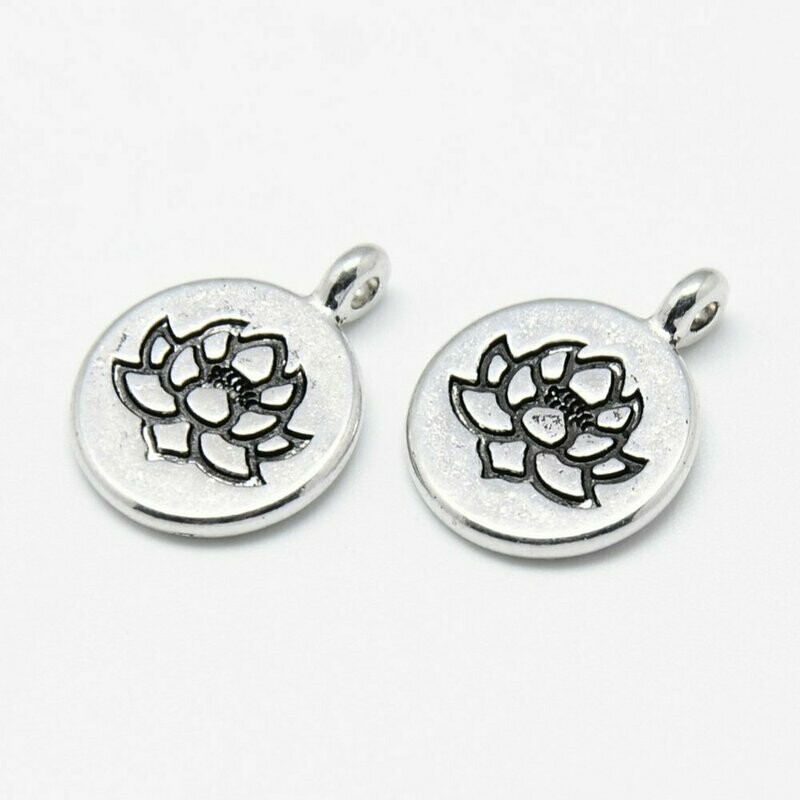 Antique Silver Lotus Flower Charm/Pendant,  Flat Round, 20x15mm