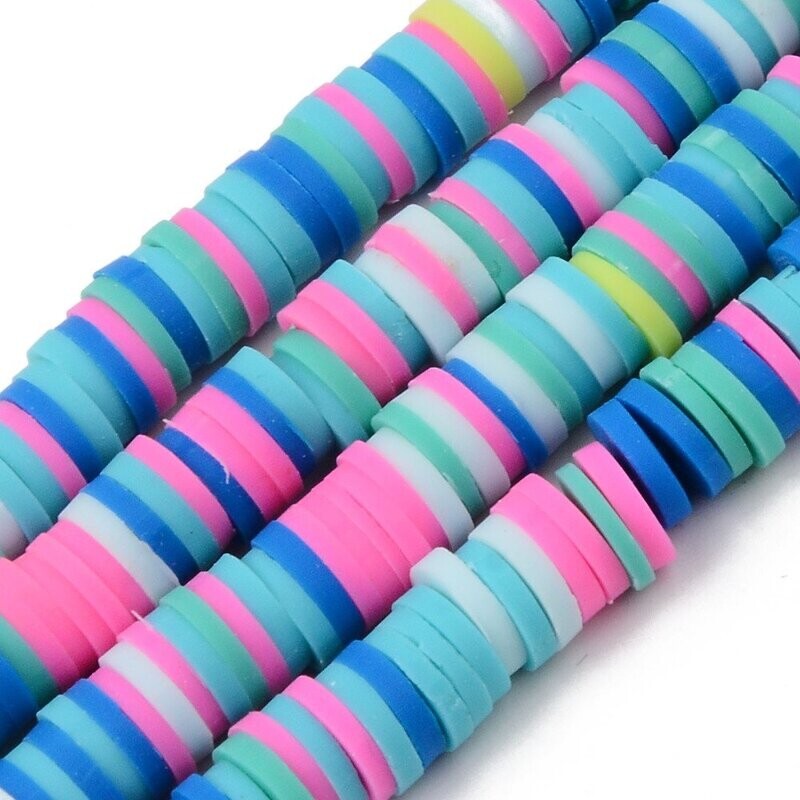 Polymer Clay Heishi Bead Strand, Blue/Pink Mix, 6mm
