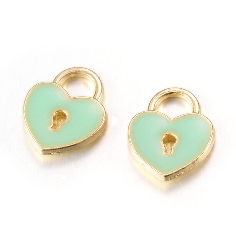 Enamel & Light Gold Padlock Heart Charm, 11x13mm