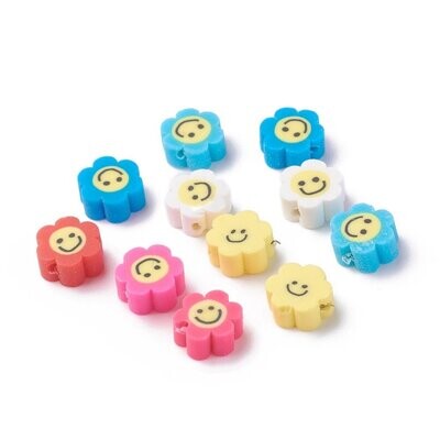 30 x Polymer Clay Smiley Face Beads, Mixed Colours, 10x10mm
