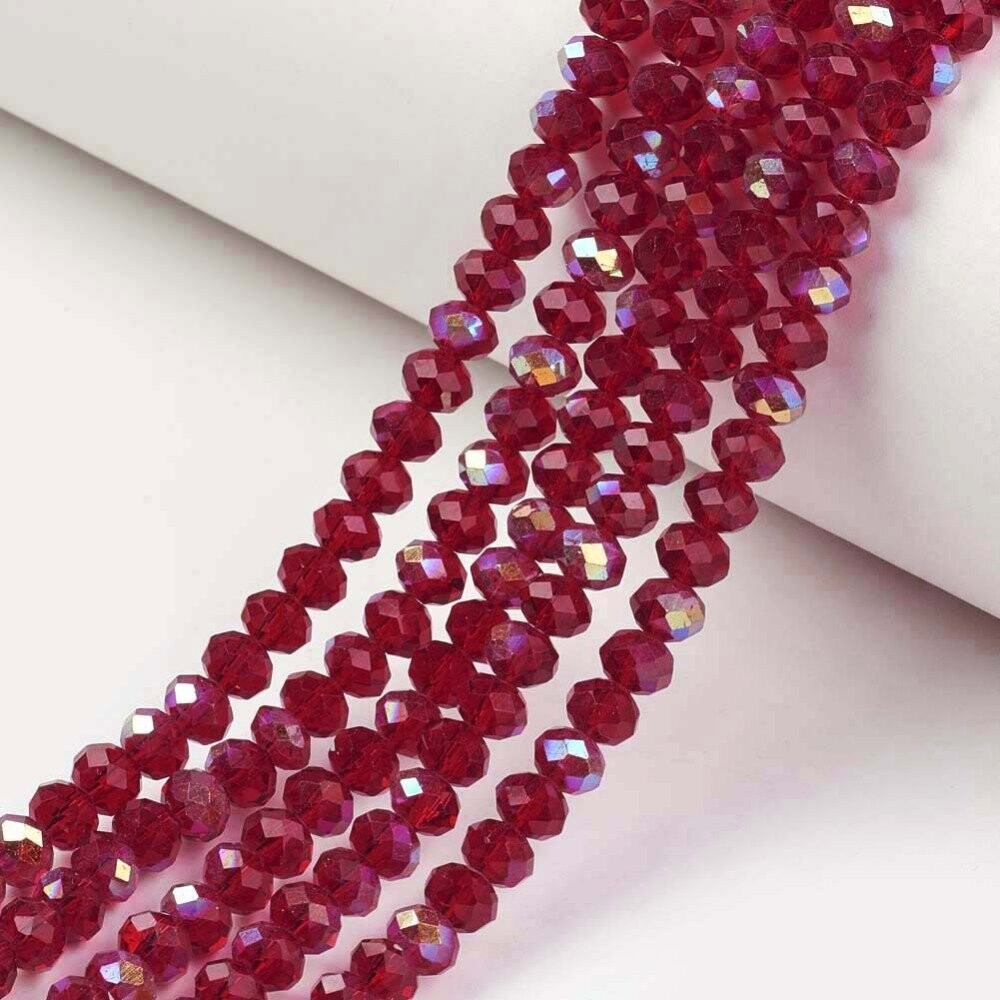 4x3mm Electroplated Crystal Glass Rondelles Rainbow Plated Red, 1 Strand