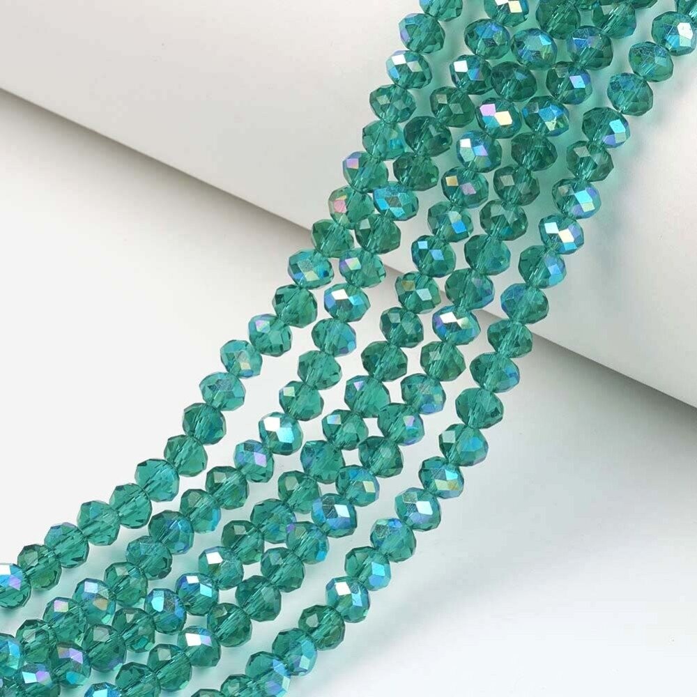 4x3mm Electroplated Crystal Glass Rondelles Rainbow Plated Emerald Green, 1 Strand