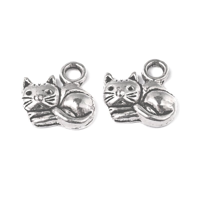 Antique Silver Tibetan Style Cat Charm, 14x13mm