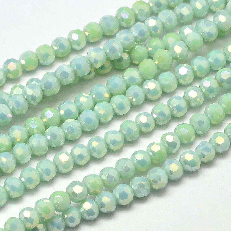 4mm Faceted Crystals in Opaque Rainbow Plated Green, 1 Strand