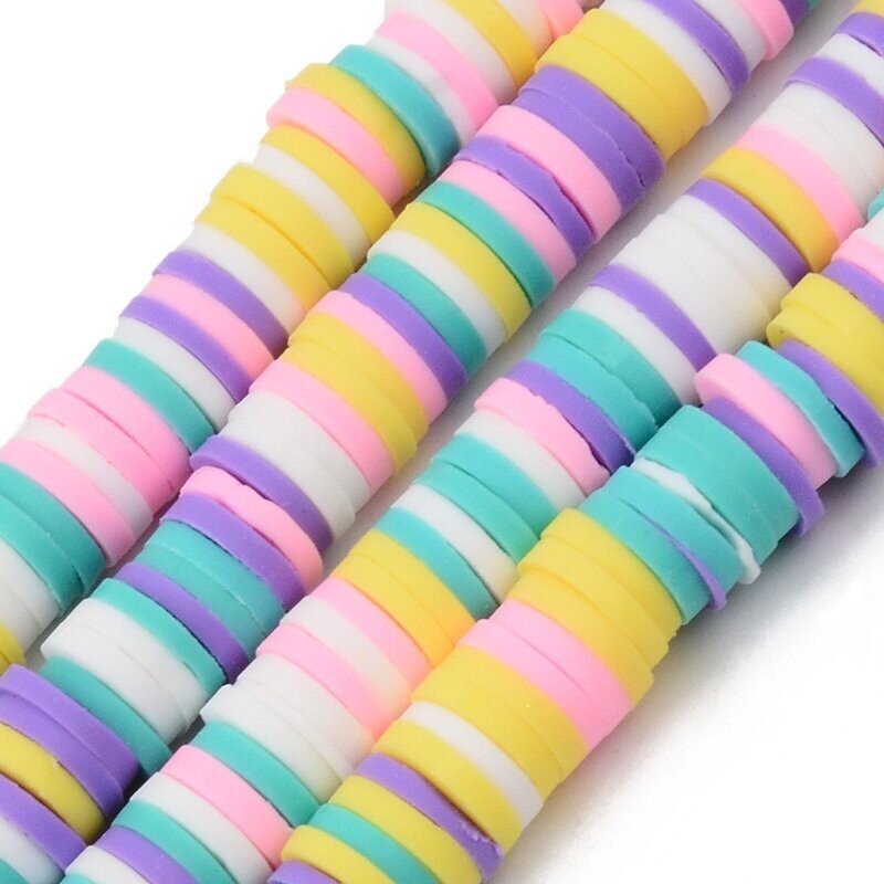 Polymer Clay Heishi Bead Strand, Turquoise/Purple/Yellow Mix, 6mm