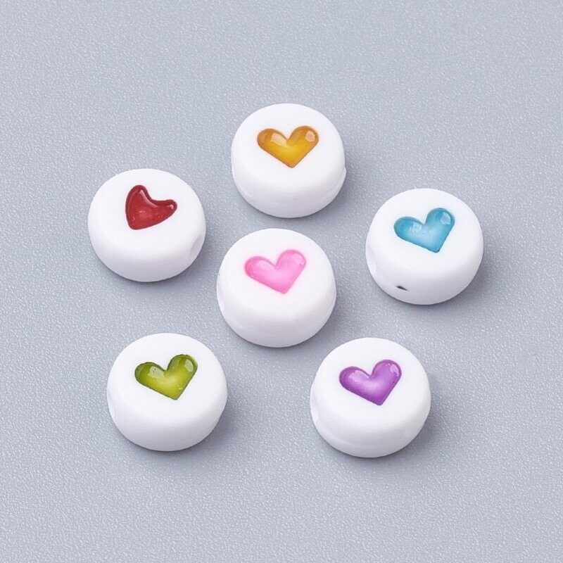 White Round Beads with Mixed Coloured Hearts, 20g