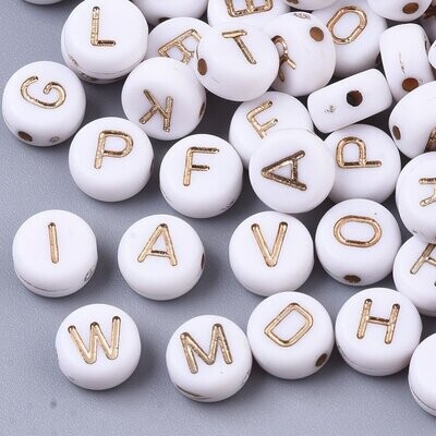 White Round Letter Beads with Gold Letters, 50g