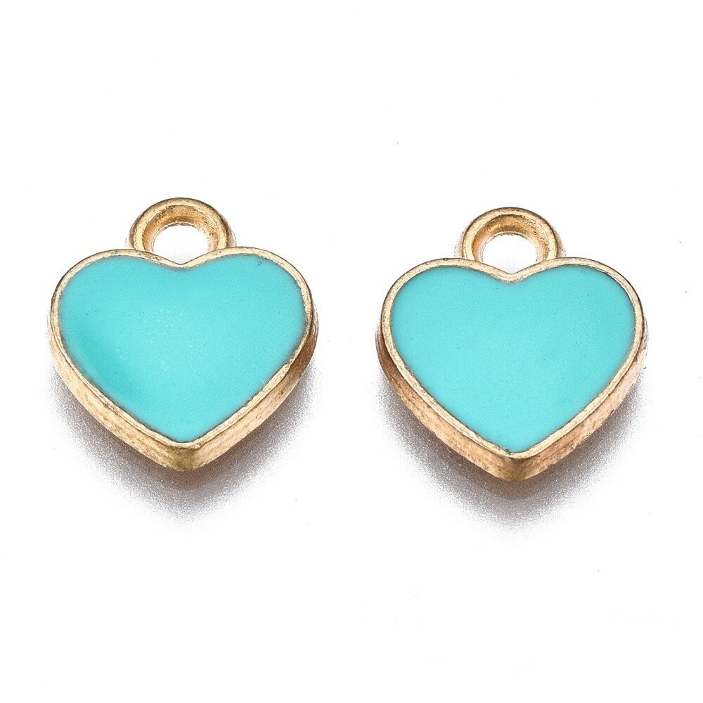 Enamel & Light Gold Heart Charm in Turquoise, 10x12mm