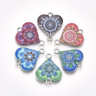 4 x Silver & Enamel Patterned Heart Connectors, 20x16mm, 2 Pairs