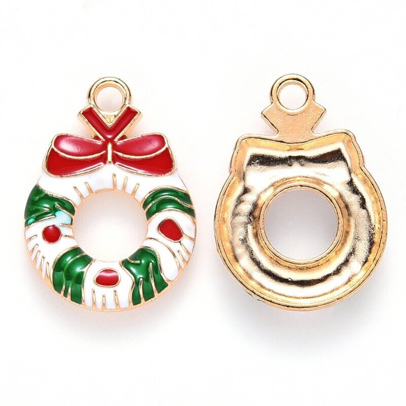 Christmas Enamel & Light Gold Wreath Charm, 23x18mm