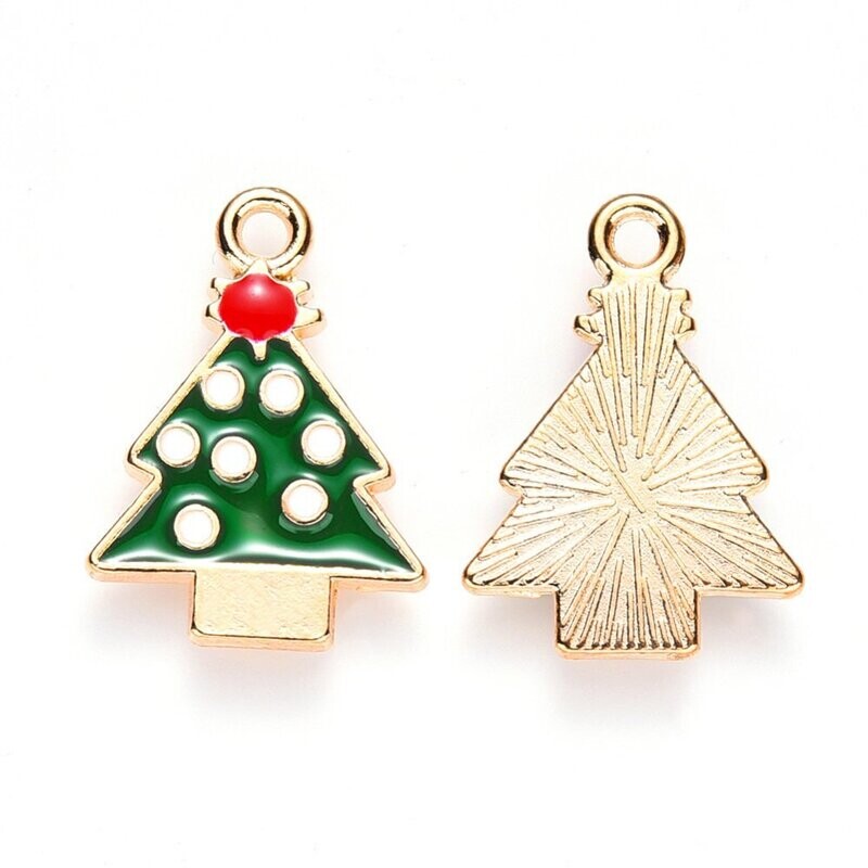 Enamel & Light Gold Christmas Tree Charm, 20x14mm