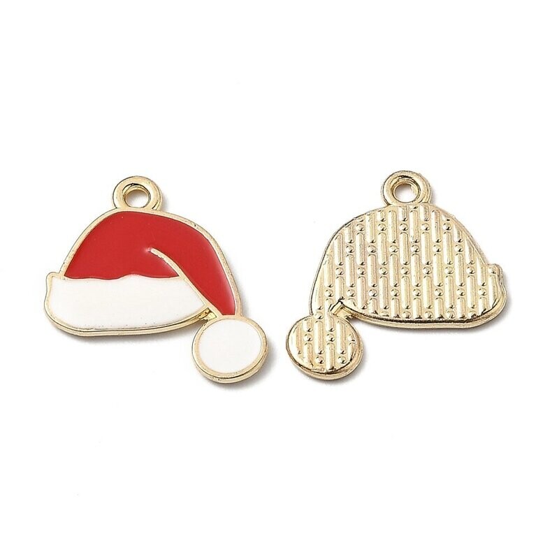 Christmas Enamel & Light Gold Christmas Hat Charm, 19x21mm