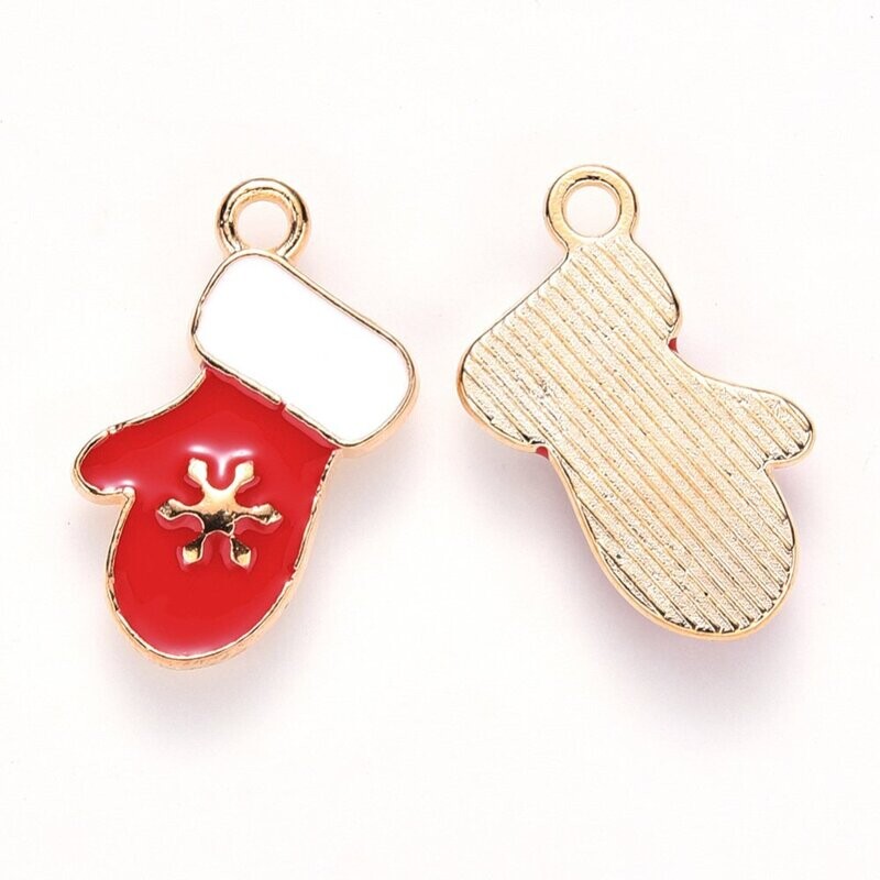 Christmas Enamel & Light Gold Mitten Charm, 19x11mm