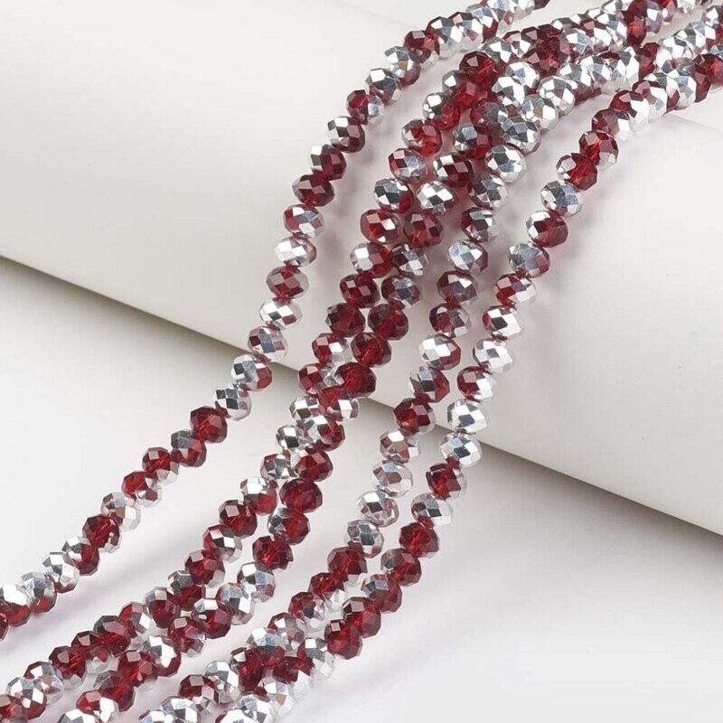 50 x 8x6mm Half Silver Plated Faceted Glass Rondelles in Red