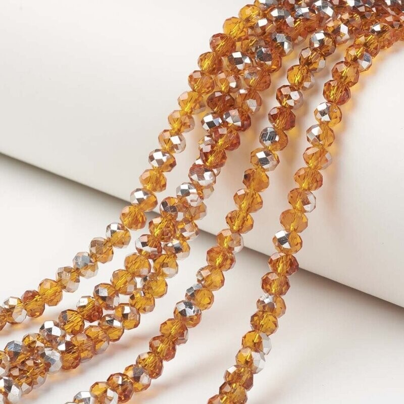 50 x 8x6mm Half Silver Plated Faceted Glass Rondelles in Amber