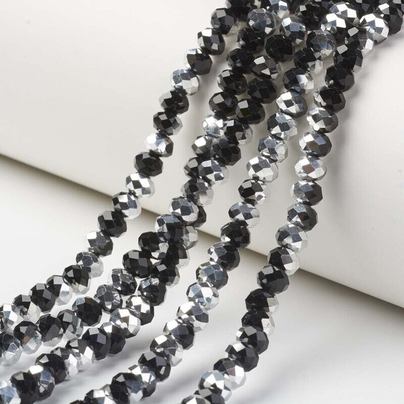 50 x 8x6mm Half Silver Plated Faceted Glass Rondelles in Black