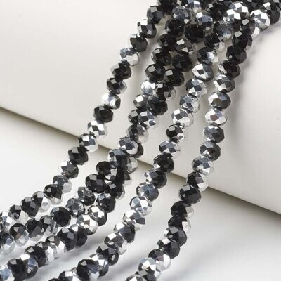 50 x 8x6mm Half Silver Plated Faceted Glass Rondelles in Black