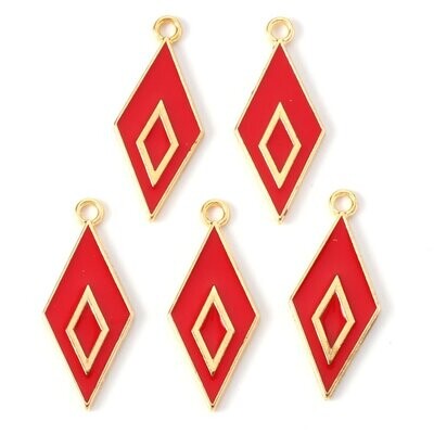 Enamel & Light Gold Diamond Pendant/Charm in Red, 28x12