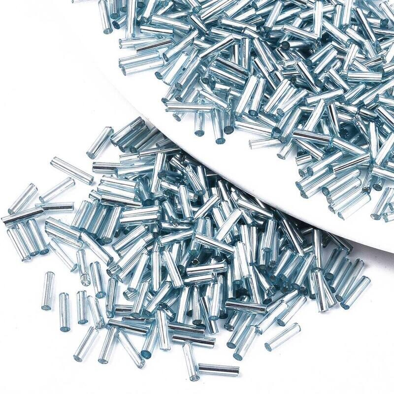 Metallic Glass Bugle Beads in Ice Blue, 6mm