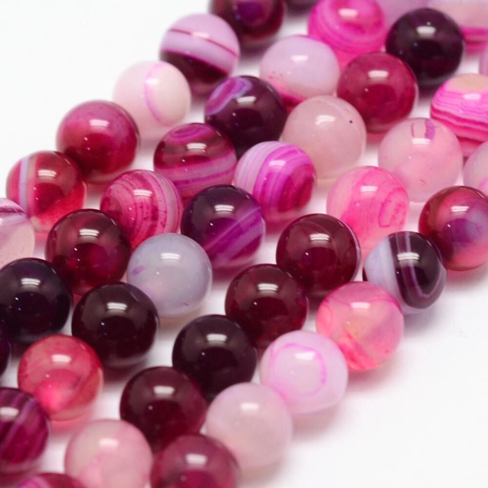 Natural Banded Agate Beads, Dyed, Pink, 6mm, 1 Strand