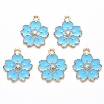 Enamel & Light Gold Flower Pendant/Charm in Light Blue, 20x17mm