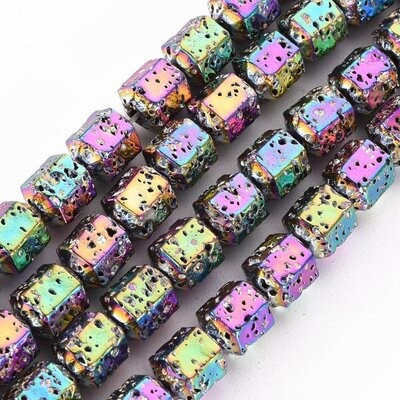 Electroplated Natural Lava Stone Beads, Rainbow Plated, 8x6mm, 1 Strand