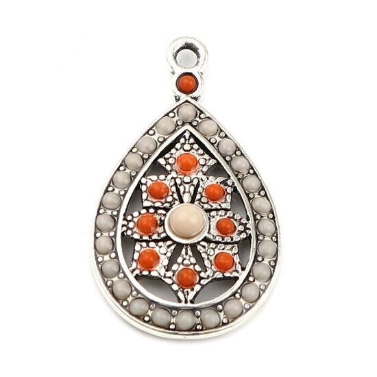 Antique Silver Boho Pendant in White, 17x29mm