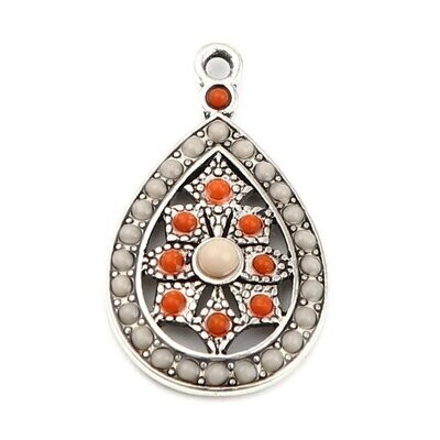 Antique Silver Boho Pendant in White, 17x29mm