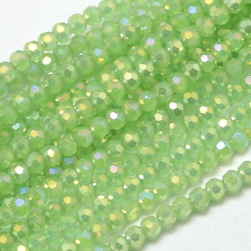 4mm Faceted Crystals in Rainbow Plated Light Green, 1 Strand