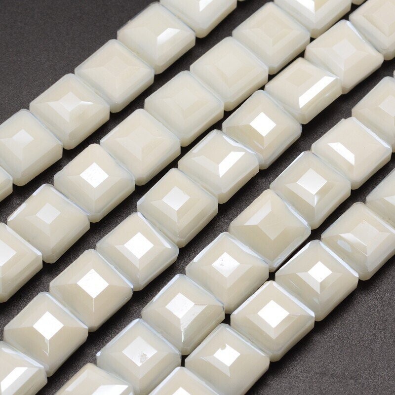 10 x Faceted Opaque Glass Squares, White, 13x13mm