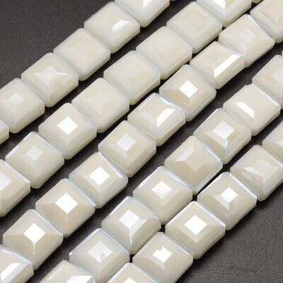 10 x Faceted Opaque Glass Squares, White, 13x13mm
