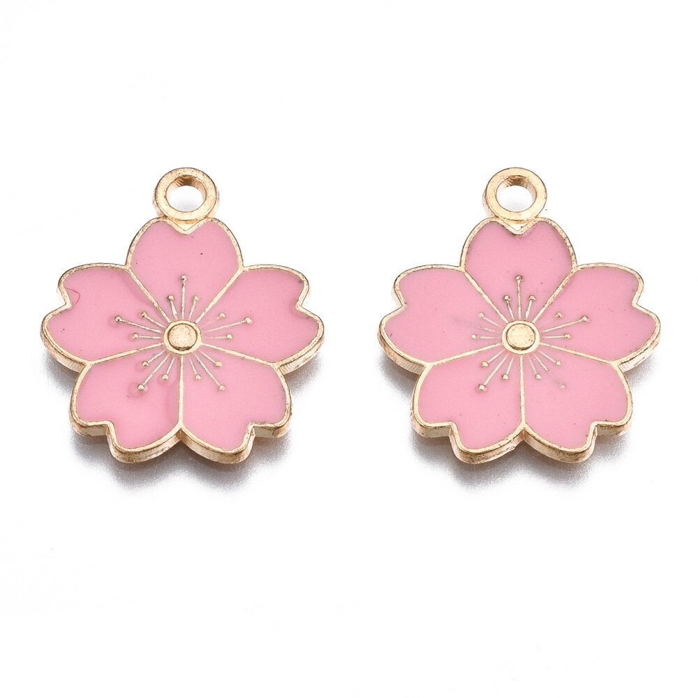 Enamel & Light Gold Flower Pendant/Charm in Pink, 20x17mm