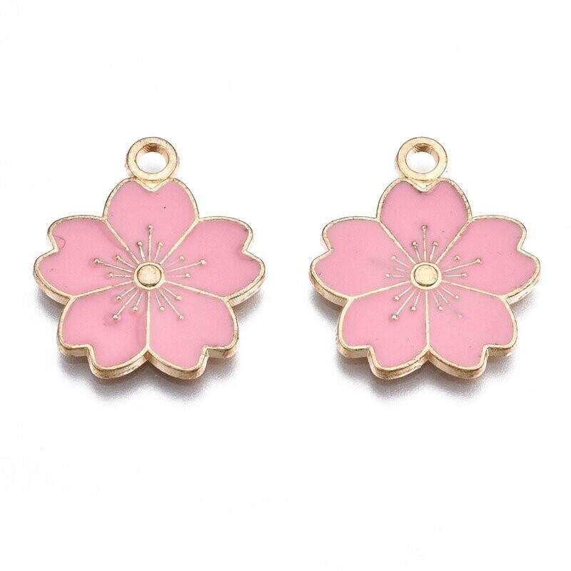 Enamel & Light Gold Flower Pendant/Charm in Pink, 20x17mm Enamel & Light Gold Flower Pendant/Charm in Pink, 20x17mm