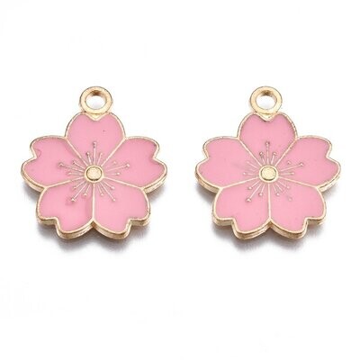 Enamel & Light Gold Flower Pendant/Charm in Pink, 20x17mm