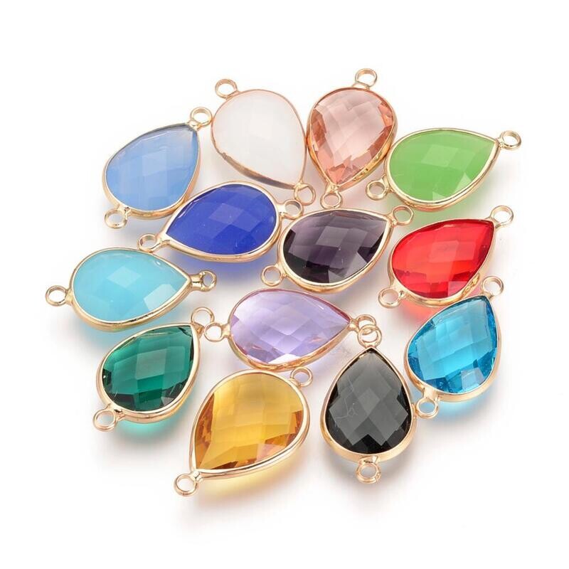 4 x Faceted Glass Teardrop Connectors, 21x10x4mm