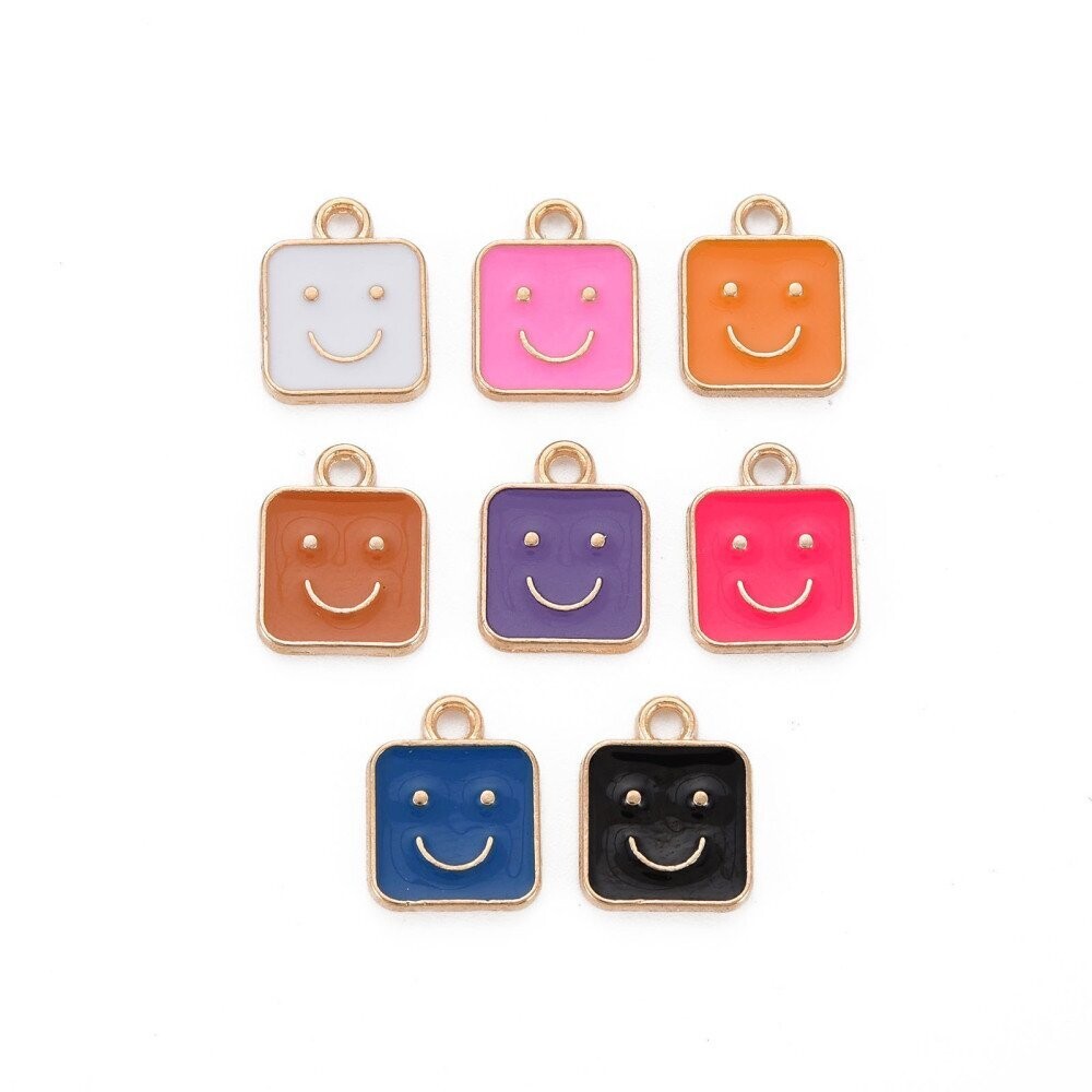 4 x Enamel & Light Gold Square Smiley Charms, Mixed Colours, 10x13mm