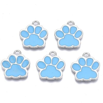 Enamel & Silver Dog Paw Print Charm in Light Blue, 10x13mm