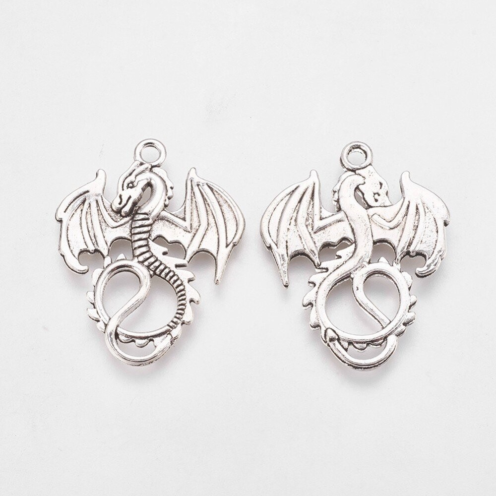 Antique Silver Dragon Pendant, 35x27mm