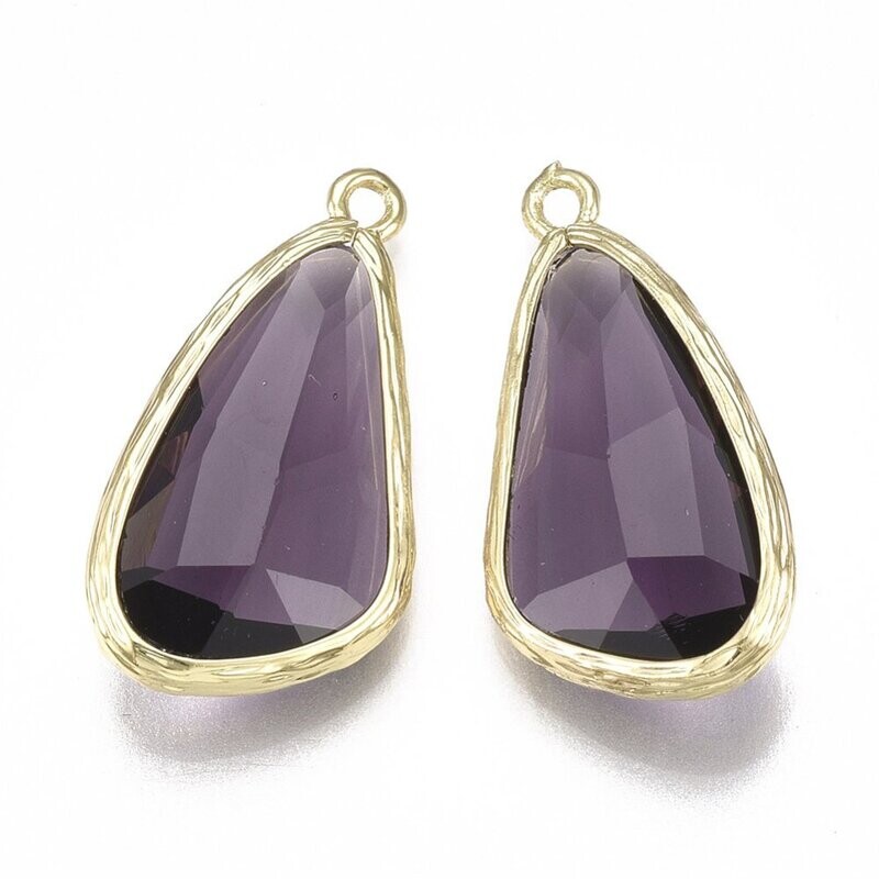 2 x Faceted Glass Teardrop Pendants, Purple, 28x14x6mm
