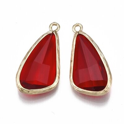2 x Faceted Glass Teardrop Pendants, Red, 28x14x6mm