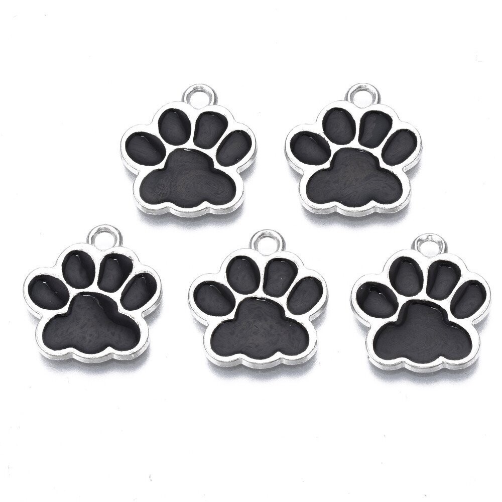 Enamel & Silver Dog Paw Print Charm in Black, 10x13mm