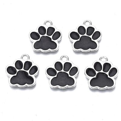 Enamel & Silver Dog Paw Print Charm in Black, 10x13mm