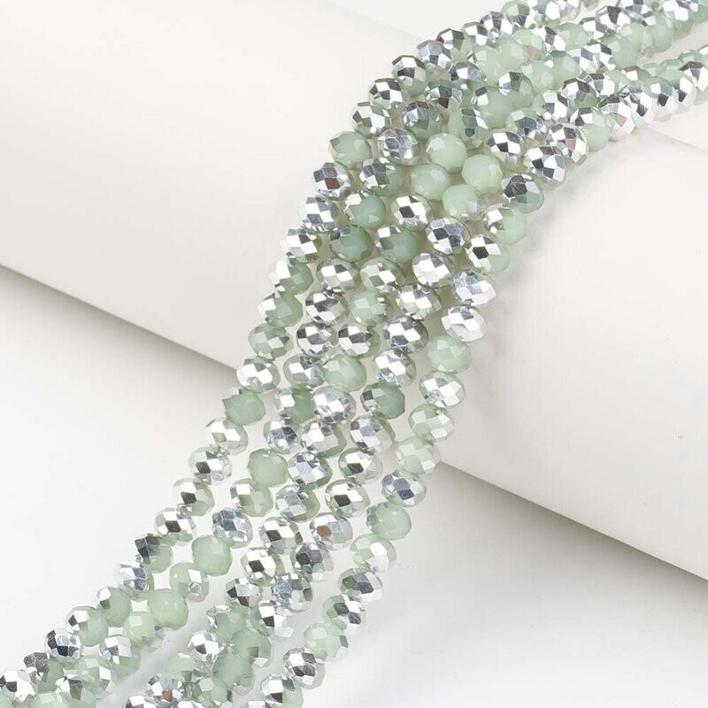 6x5mm Half Plated Faceted Glass Rondelles in Light Green, 1 Strand
