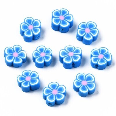 50 x Polymer Clay Flower Beads in Blue, 7-10x3-5mm