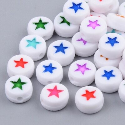 50 x White Round Beads with Mixed Coloured Stars